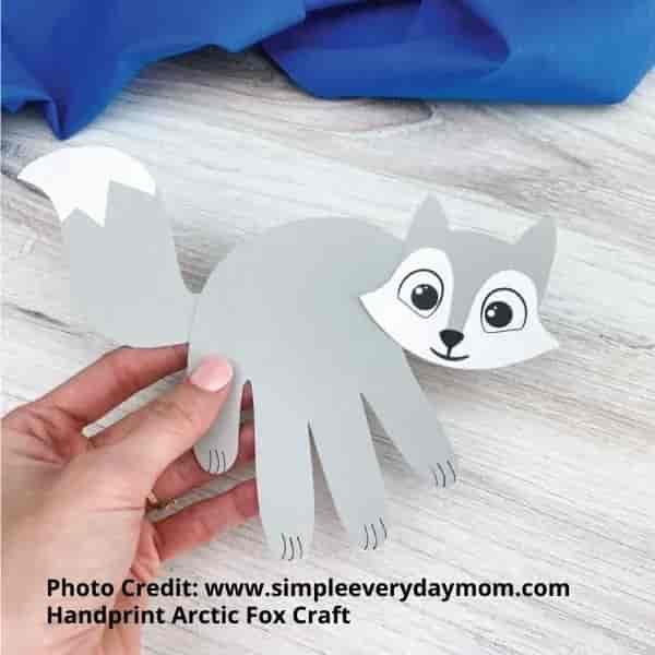 Completed example of a handprint Arctic Fox Craft Handprint Arctic Fox Craft