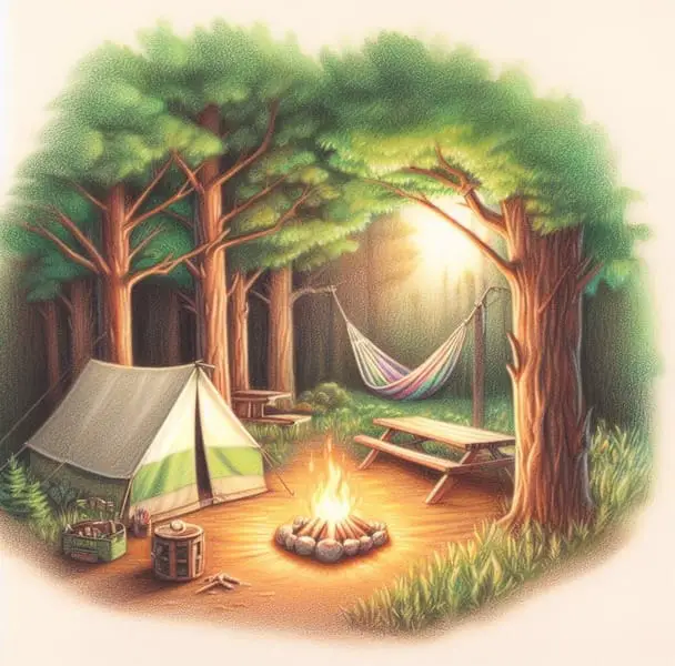 Image of a campsite in the forest with a campfire