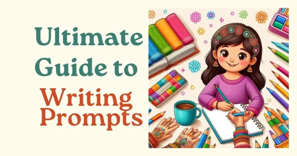 ultimate guide to writing prompts. girl with pens pencils and books