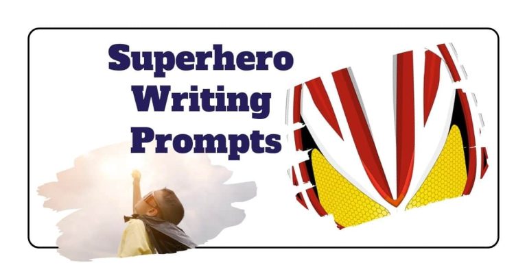 text - superhero writing prompts with two photos depicting superheros