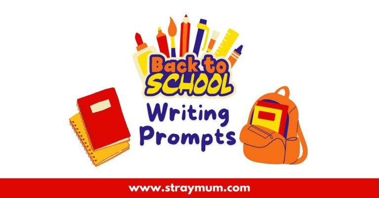 Back to school writing prompts with picture of pencils, books and a rucksack