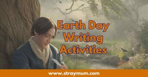earth day writing activities with a person sitting under a tree writing in nature