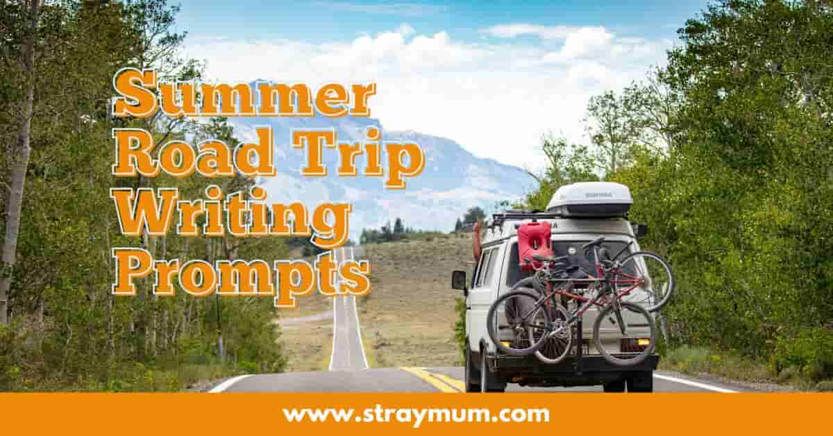 Summer road trip writing prompts with a SUV on a countru road carry cycles